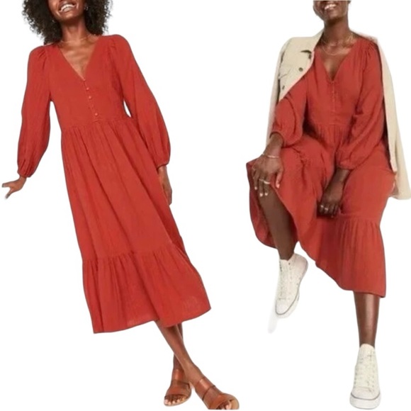 Old Navy Dresses & Skirts - NWT Old Navy Long Sleeve Fit & Flare Tiered Midi Dress Plus Size 4X Burnt Orange